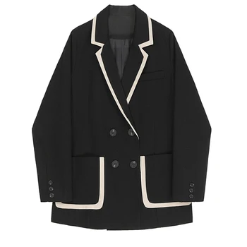 

[EAM] Women Double Breasted Pocket Split Blazer New Lapel Long Sleeve Loose Fit Jacket Fashion Tide Spring Autumn 2020 1R693