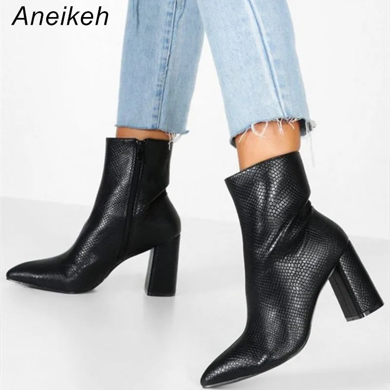 

Aneikeh 2020 Fashion PU Women Chelsea Boots Zipper Square Heel Heels Shoes Party Dance Ankle Boot Pointed Toe Black Size 35-40