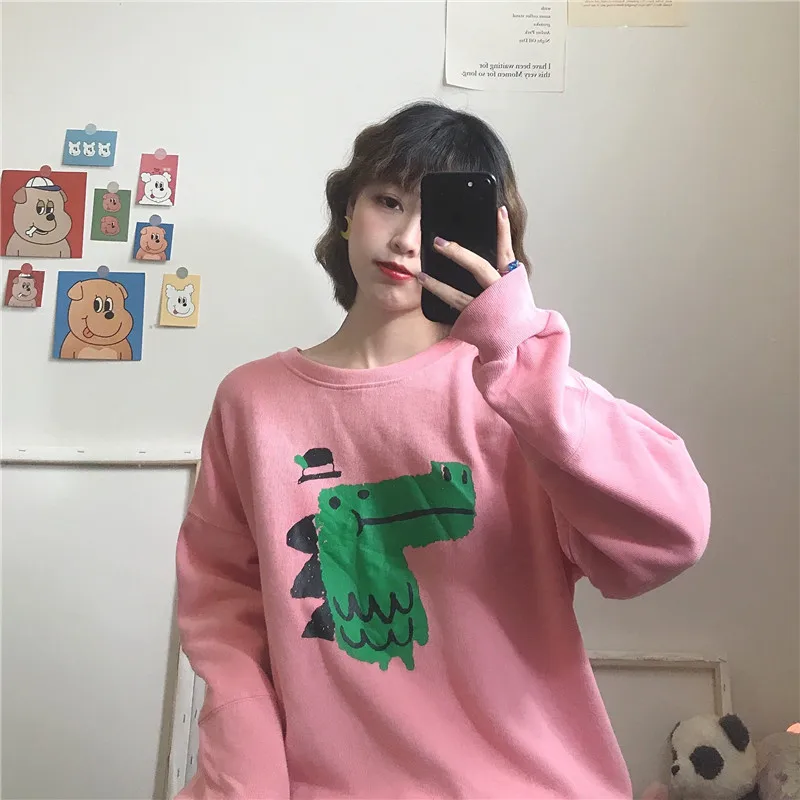Толстовки женские с мультяшным принтом Kawaii Свободный пуловер круглым вырезом