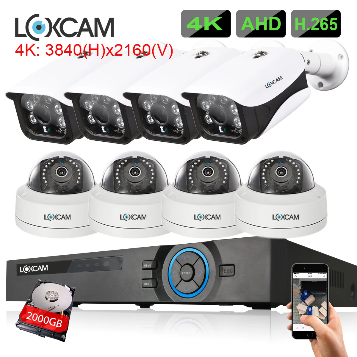 

LOXCAM h.265+ 8CH 4K Ultra HD DVR Recorder 8MP CCTV System 8MP IP66 indoor outdoor VandalProof Camera kit video surveillance kit