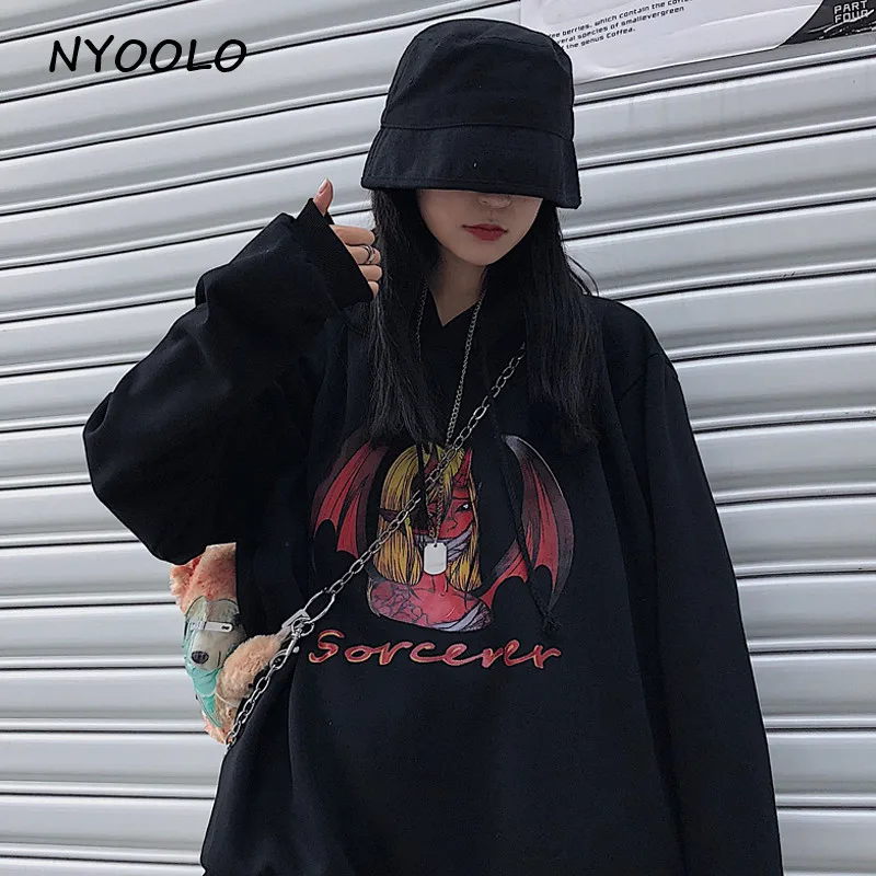 NYOOLO Harajuku, уличная одежда, с принтом ведьмы, теплые толстовки, Осень-зима, свободные, с капюшоном, плюс бархат, пуловер, Толстовка для женщин и мужчин