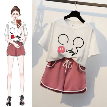 

Fashion Two Piece Shorts Sets Women Cartoon Print Tshirts Short Sleeve Top + Drawsing Pants 2020 Summer Track Suits Woman Set