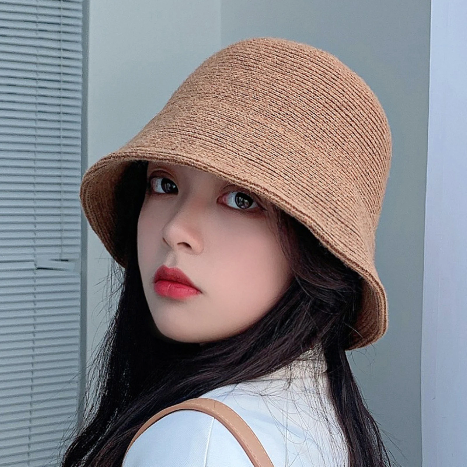 white bucket hat Women Solid Color Wool Bucket Hat Drawstring Fisherman Vintage Knitted Basin Cap female bucket hat