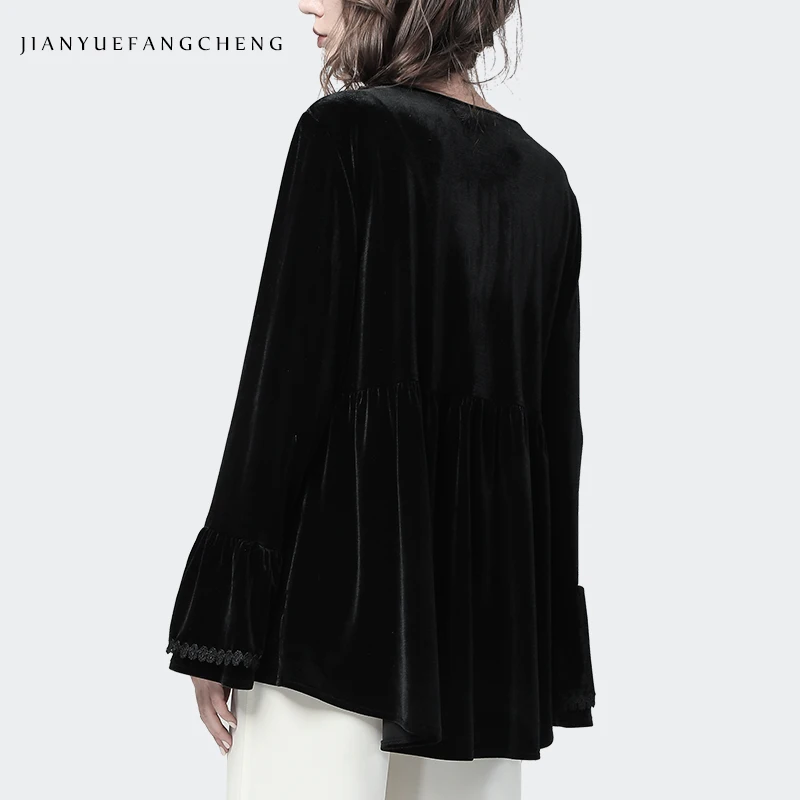 Винтаж черный велюр блуза Для женщин Новинка осени расклешенными рукавами с кружевным плетением и свободного размера плюс Топ Повседневное женские офисные блузки