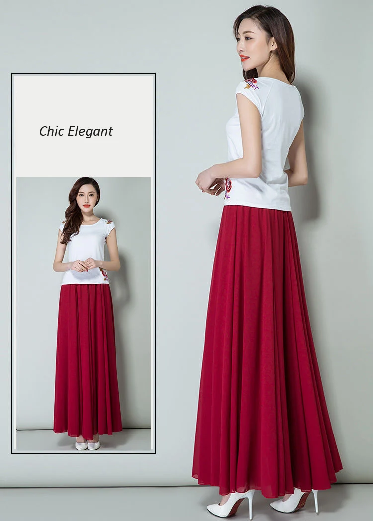 New Summer Chiffon Skirts Plus Size Full-Length Skirt High Waist Elegant Dance Skirt Pink Black Red Navy Blue White Long Skirts leather skirt