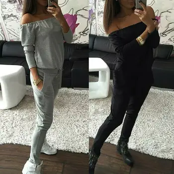 

2Pcs Female Casual Outfits Women Long Sleeve Off-Shoulder Tops Long Trousers Outfits Clubwear Set Black Gray