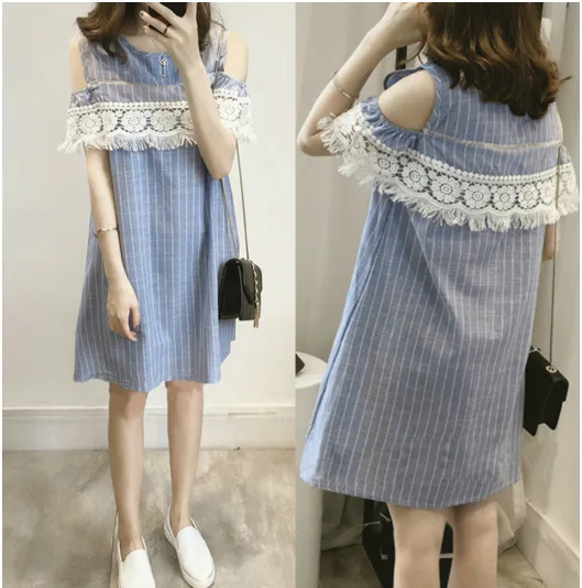 

2018 Summer Wear New Style Large Size Dress Loose-Fit Korean-style Stripes Lace Dress Summer Dress