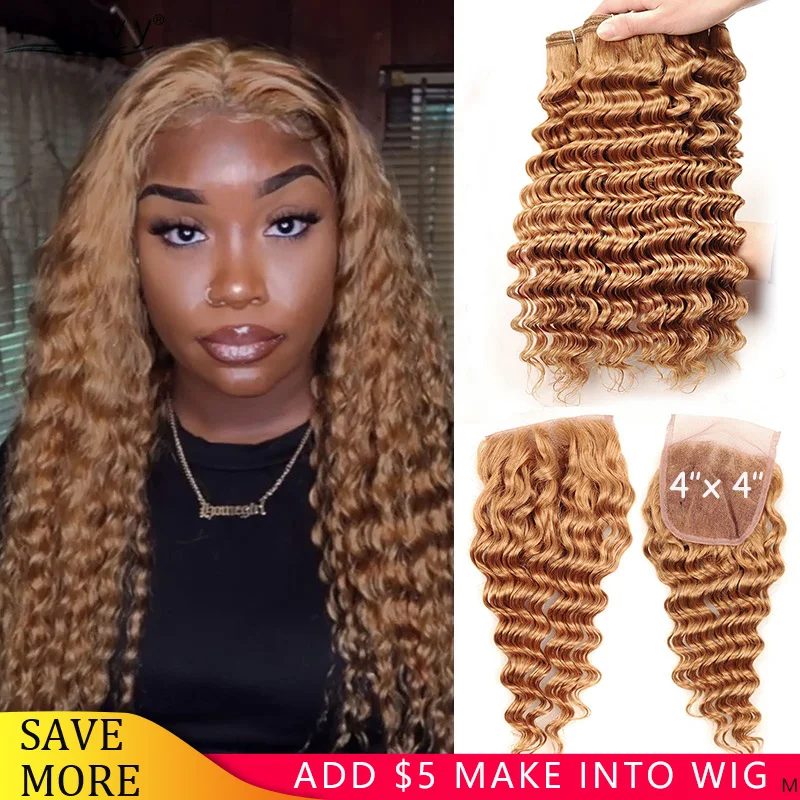 

Honey Blonde Bundles With Closure #27 Brazilian Deep Wave Bundles With Closure Remy Human Hair Bundles With Closure No Tangle