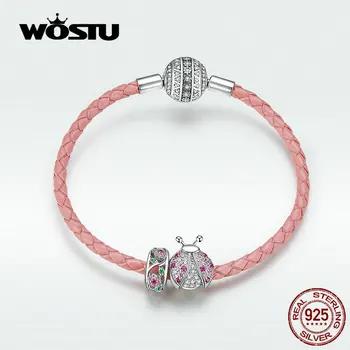 

WOSTU Genuine 925 Sterling Silver Red Ladybug Charms Bangles & Bracelet For Women Cute Ladybug Beads Jewelry Gift BKB823