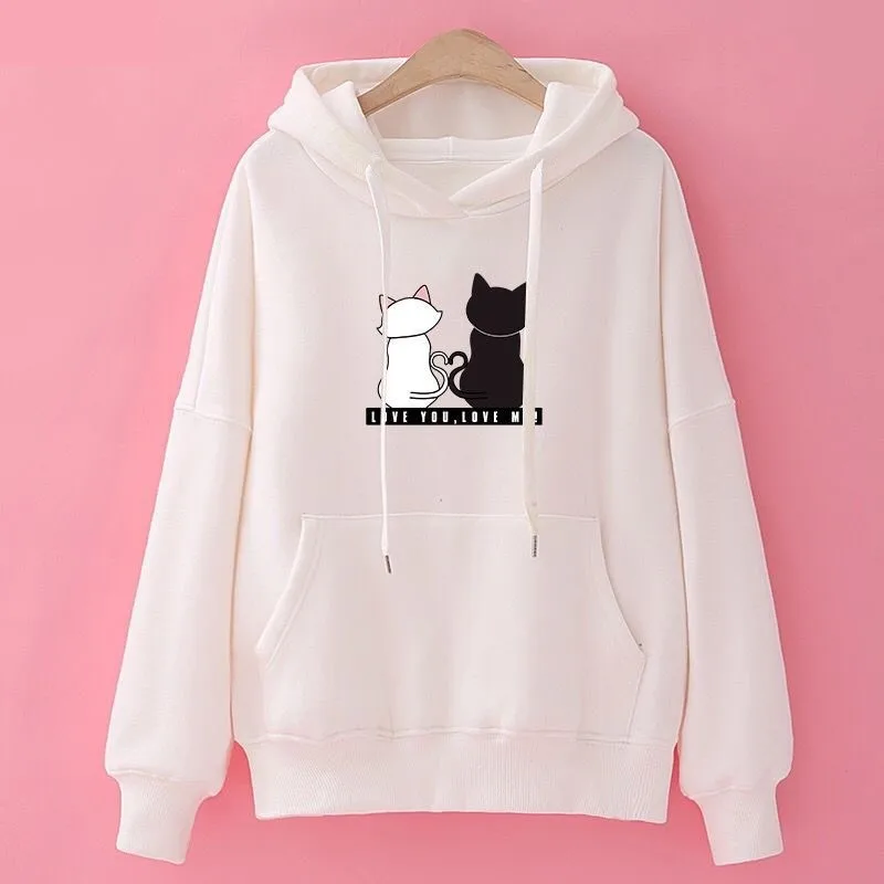 blue sweater Women Sweater Long Sleeve Hooded Collar Fleece Lined Cartoon Cat Pocket  Loose Casual Pullover Autumn Winter Fashion Wild Tops cute sweaters