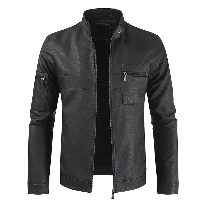 Men Winter Brand New Casual Vintage Warm Fleece Leather Jackets Coat Men Outfit Fashion Pockets Motor Leather Jacket Men