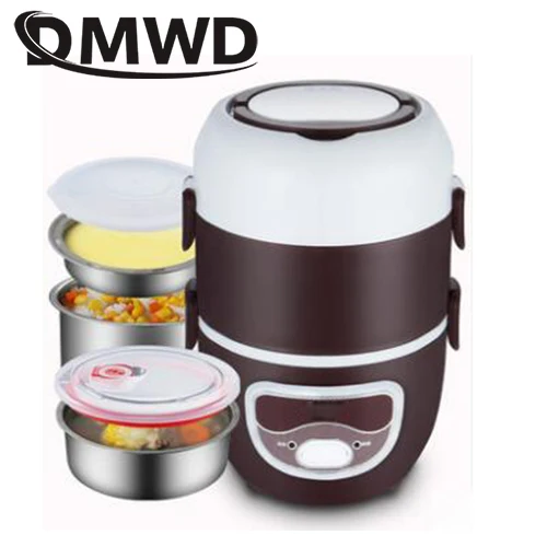 DMWD, Мини электрическая рисоварка из нержавеющей стали, 2/3 слоев, пароварка для еды, нагреватель, термоподогрев, Ланч-бокс, контейнер для еды, грелка, ЕС - Цвет: brown three layers