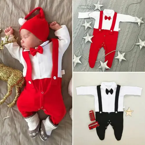 Xmas Infant Baby Boy Kid Footies Formal Long Sleeve Jumpsuit Strap Shirt Bib Pants Clothes |