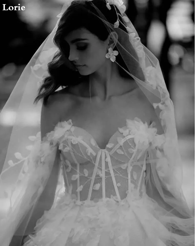 LORIE Sexy Lace Wedding Dress Puff Sleeve Sweetheart Bridal Dress Elegant 3D Flowers Robe de soiree Wedding Ball GownsCustomized 5