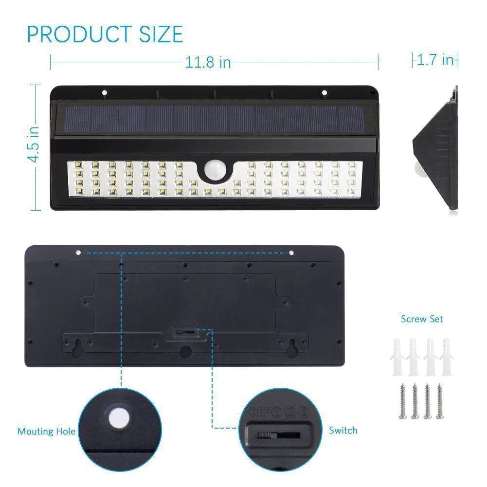 62LED настенный светильник для двора, крыльца, IP65, водонепроницаемый, широкий угол, патио, датчик движения, открытый, садовый, солнечный светильник, беспроводной, дорожка, украшение