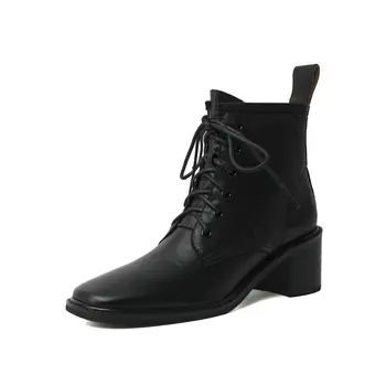 

Elegant Square Toe Ladies Boots Genuine Leather Cross Tied Thick Heels Pumps Winter 2020 Newest Office Lady Shoes Woman