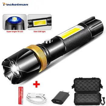 

T6/L2 COB Camping Light 5 Switch Modes Linterna Zoomable Bicycle Light Use 18650 LED Flashlight Ultra Bright Torch