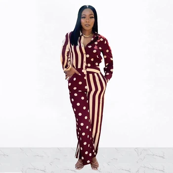 

Autumn Women Turn Down Collar Long Sleeve Striped Jumpsuit Casual Slim Single-Breasted Dot Rompers Elegant Fashion Streetwear