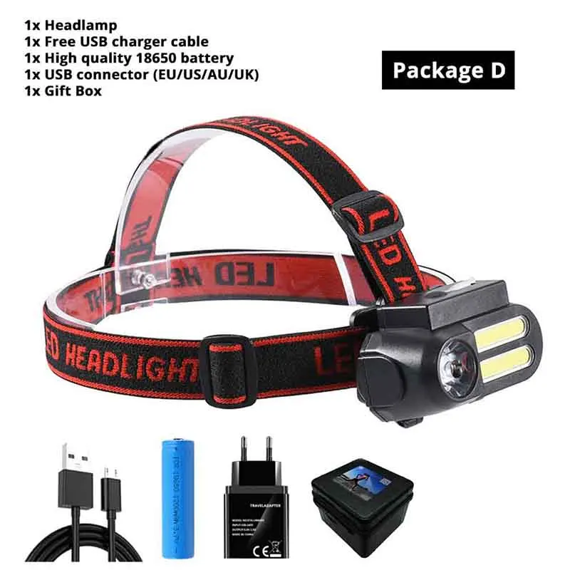 Package D Super Bright LED Headlamp COB Work Light 4 Lighting Mode Waterproof Headlight Powered By 18650 Battery Suit for Night Lighting - Испускаемый цвет: Package D