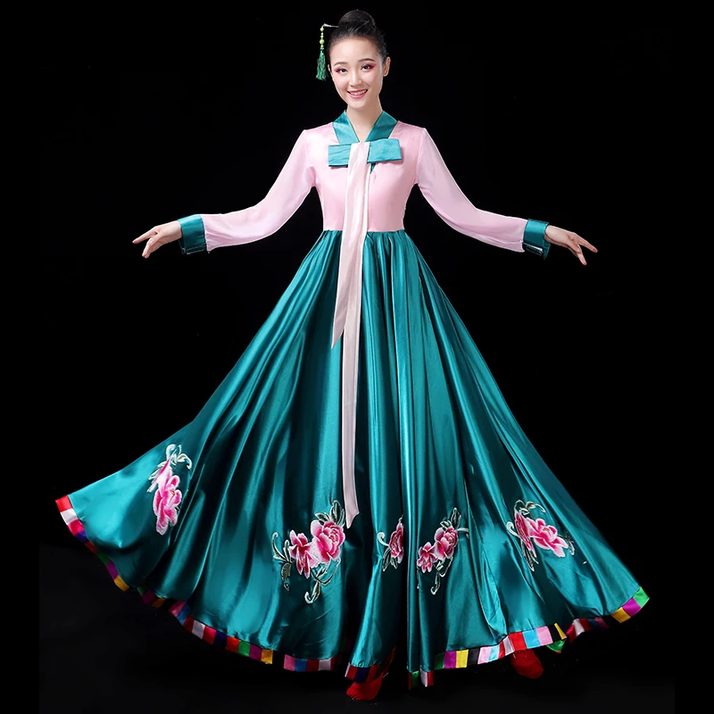 Высокое качество Традиционный корейский Костюм-ханбок v-образный вырез длинное платье Женский сценический танцевальный костюм с вышивкой