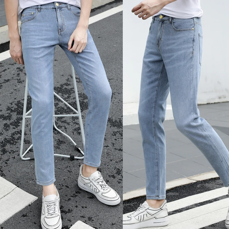 HOT Fall 2021 fashion street style ripped jeans men's solid denim trousers crime new leisure slim hipster blue | Мужская одежда