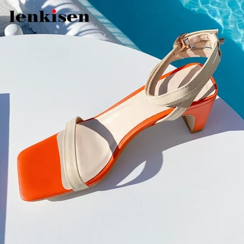 

Lenkisen new high fashion mixed colors large size cow leather square toe high heels buckle straps office lady summer sandals L88