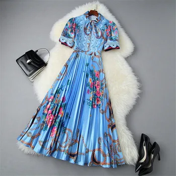 

Fashion Runway Dress High Quality Women Summer Clothes Short Sleeve Bowknot Lace Patchwork Retro Print Pleated Dress Party