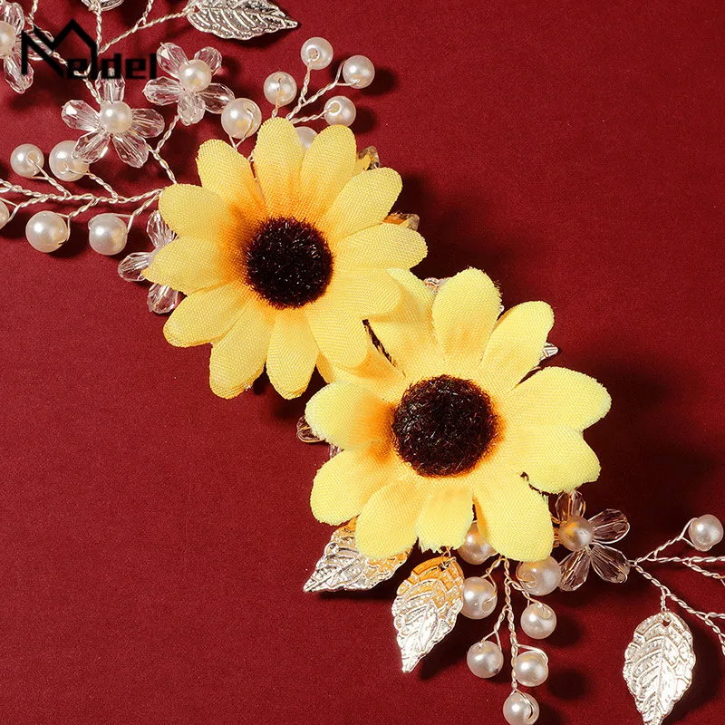 Meldel monili di Cerimonia Nuziale donna fascia per capelli fiori gialli dei monili della sposa di strass fatti a mano bella ragazza del sole fiore del fiore del copricapo