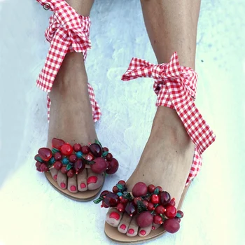 

2020 Women Sandals Summer Flat Female Pearl Woman Gladiator Ankle Wrap Women's Casual Shoes Ladies Beach Footwear Big Size