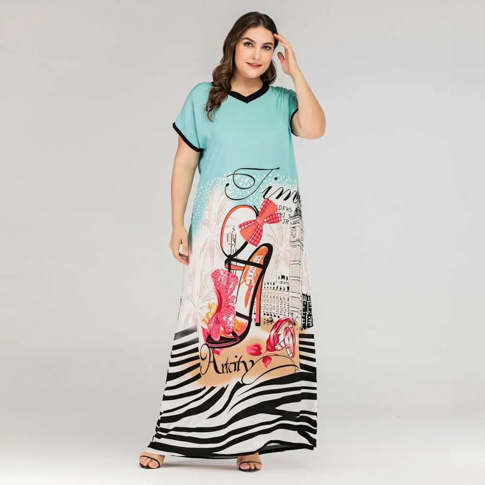 

2019 Plus Size Tribal Print Boho Dress Women Summer Tunic Short Sleeve Straight Shift Geometric Maxi Dresses VKDR1643