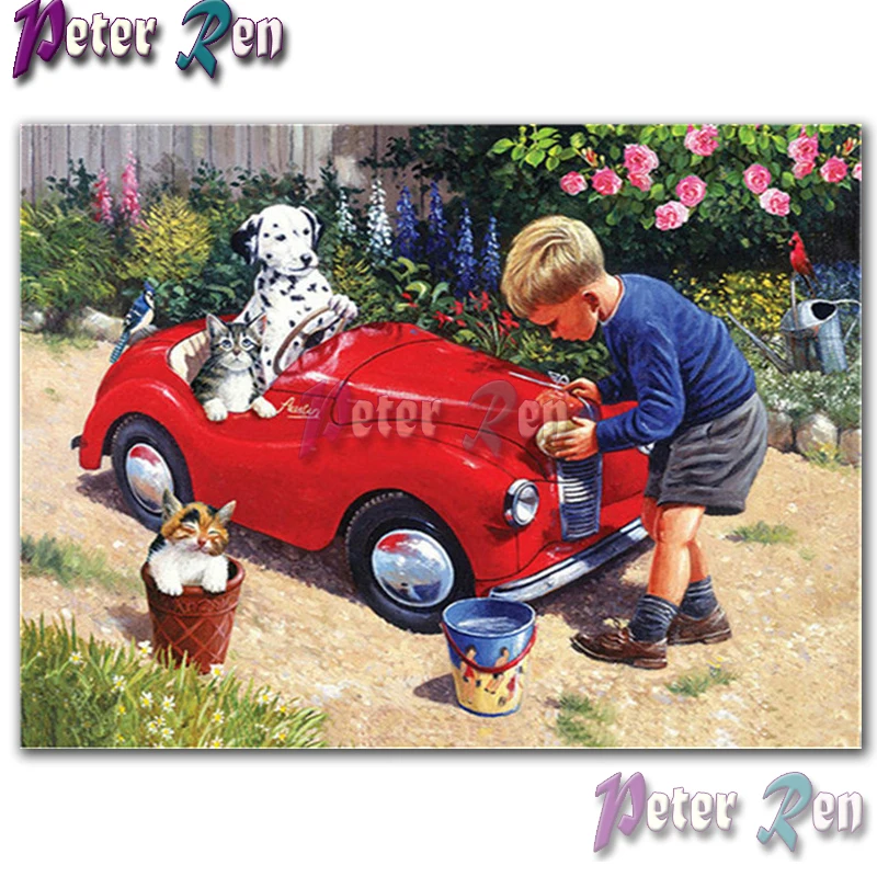 

5d clever Boy and car dog Diamond painting Embroidery DIY Square or round Mosaic Cross stitch Rhinestone Handmade Children gift