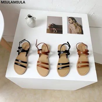 

MIULAMIULA Brand Designers 2020 Summer Korean Fashion Luxury Narrow Band Square Toe Good Leather Flat Sandals Rome Shoes Outside