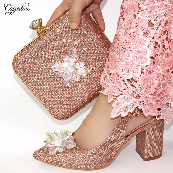 

Amazing champagne color pointed toe design wedding/party sandal shoes and purse handbag sets 56882-1, heel height 9cm