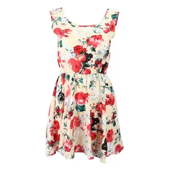 

New Fashion Women New Sleeveless Round Neck Florals Print Pleated Dress Summer Clothing