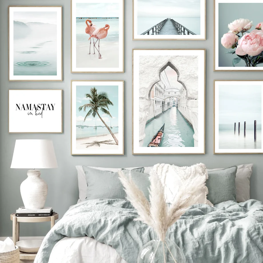 Waliicorners Nordic Posters Wall Pictures For Living Room Decor Venice Canal Path Flowers Tree Flamingo Wall Art 16 效果图1