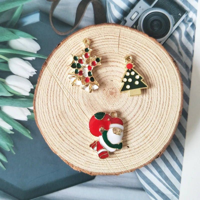 10pcs Enamel Santa Claus Bells Christmas Tree Alloy Charms Pendants