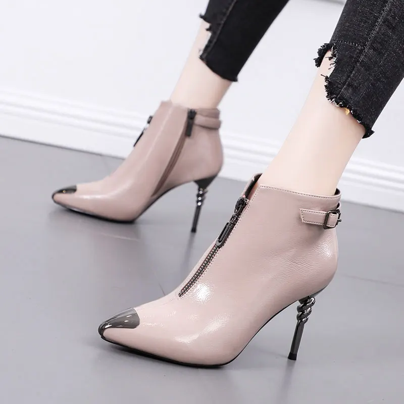 

2019 New Autumn Winter Style Stiletto High Heels Metal Pointed Toe Women Ankle Boots Patent Leather Woman Zipper Boots Pumps