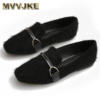 

MVVJKEwoman flat shoes mink fur square slider decoration Metal mink fur shoes for plus size women WomenE060