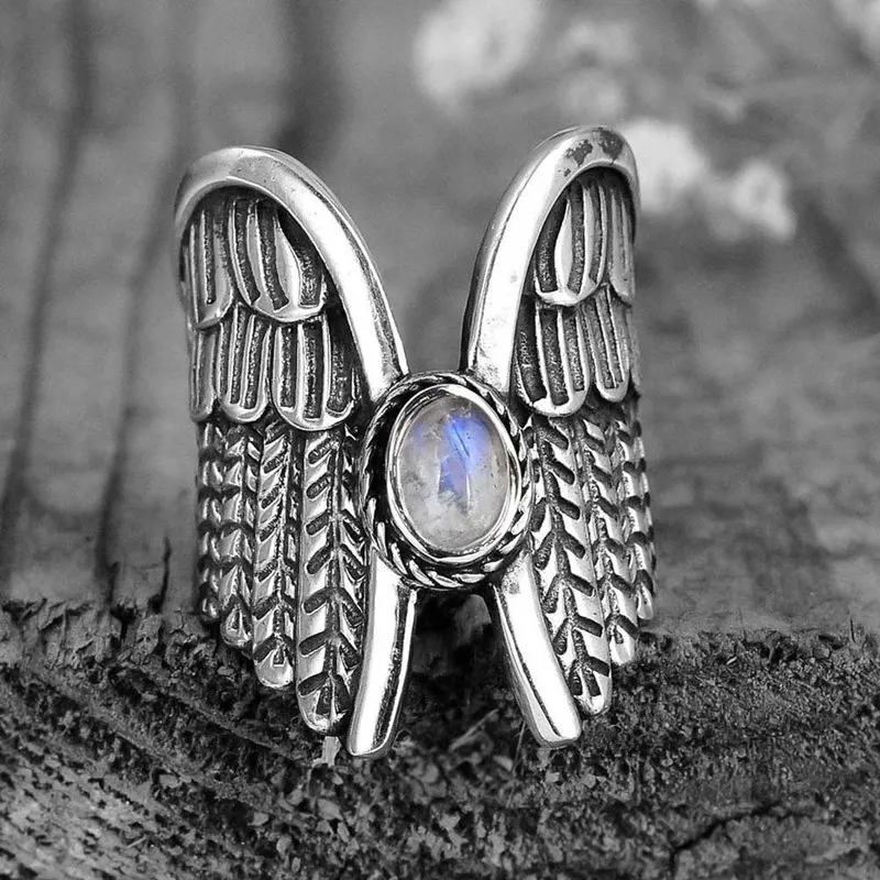 

Punk Personality Angel Wings Ring Thai Silver Antique Rings For Women Fashion Moonstone Wings Rings Female Jewelry Gifts