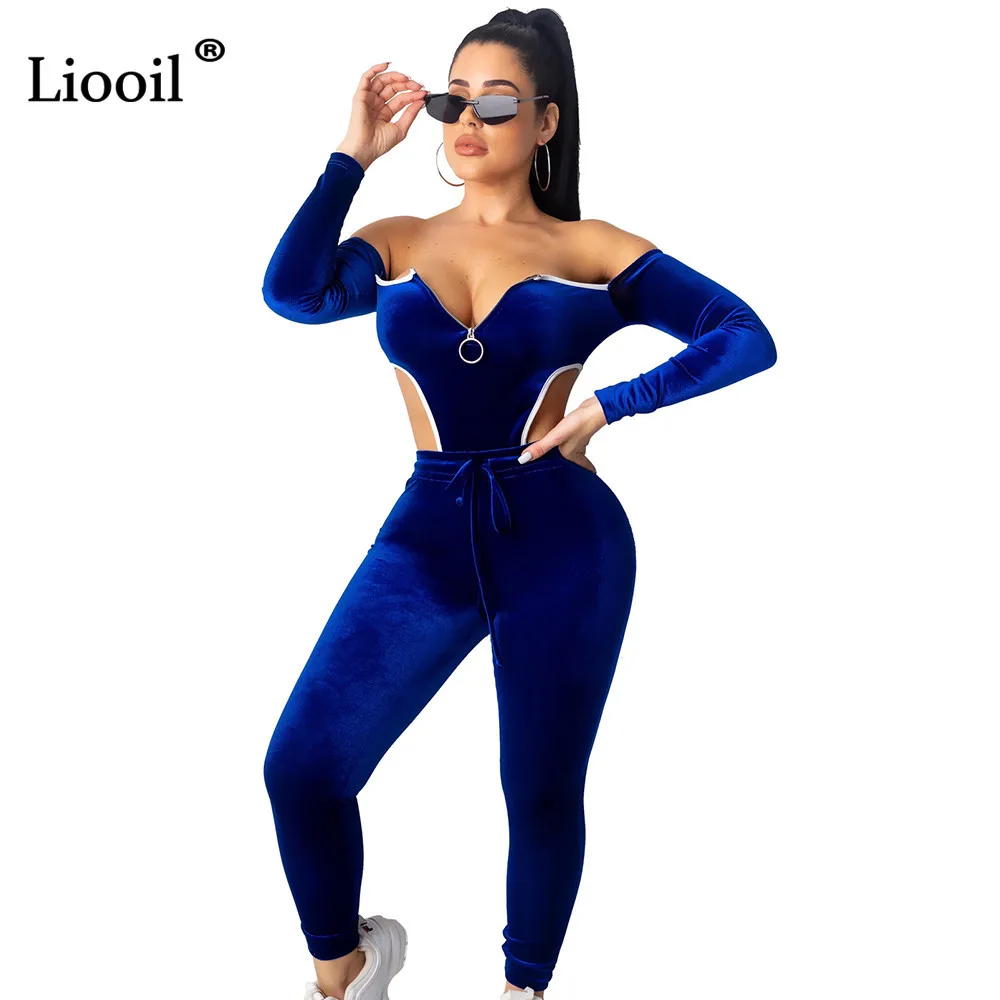 Liooil Бархатный комплект из двух предметов для ночного клуба, боди с открытыми плечами и штаны, длинные рукава, на молнии, облегающие вечерние костюмы для женщин - Цвет: Синий