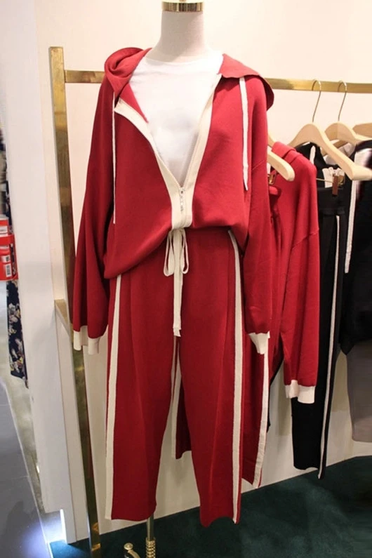 Женские повседневные Костюмы, студенческий спортивный костюм, Осень-зима, свободный свитер+ брюки, красные наряды, шляпа, толстовки с капюшоном на молнии с длинными рукавами