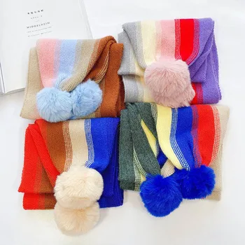

Autumn Winter New Color Striped Children's Scarf Wild Cute Fur Ball Boys Girls Scarf Trendy Baby Warm Sweet Long Scarf B32