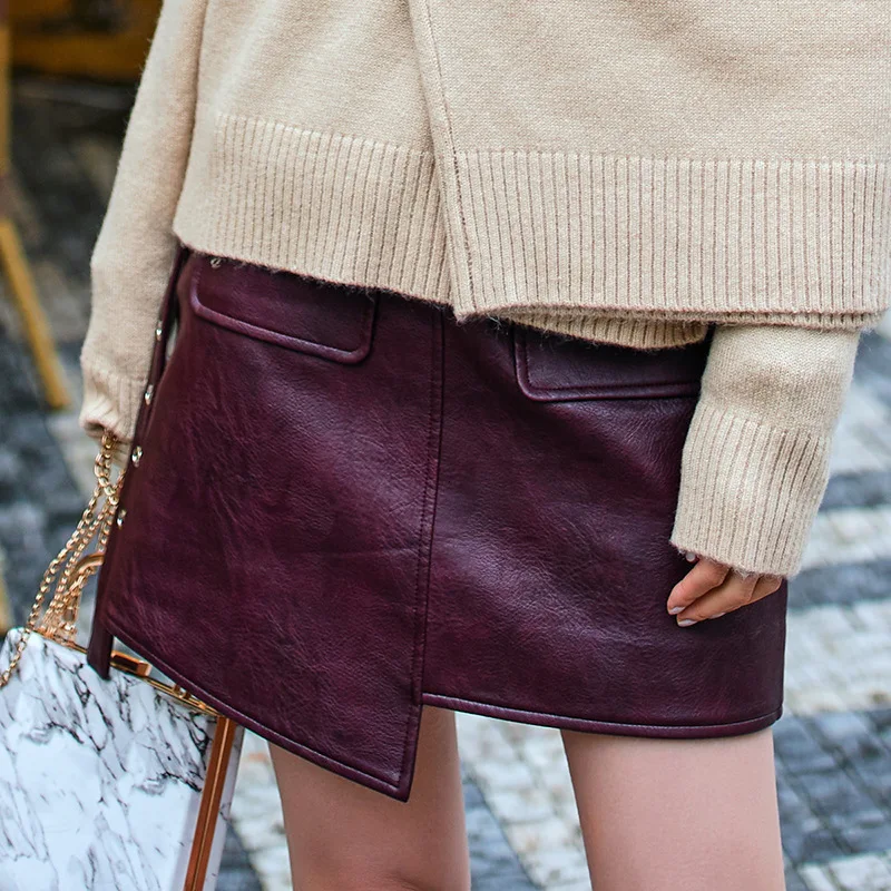 Модная новинка; оригинальная Женская юбка из искусственной кожи с пряжкой; однотонная короткая юбка из неровной кожи; 19B-a51