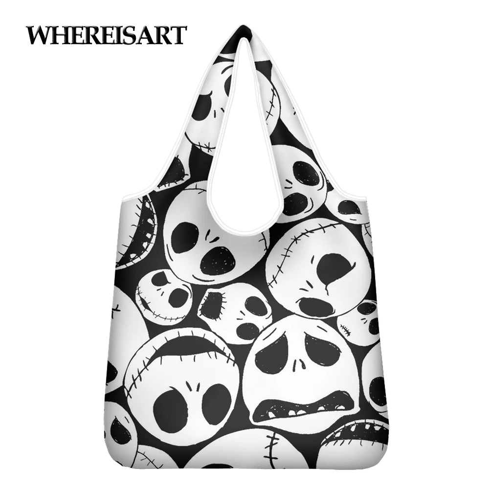 

WHEREISART Nightmare Before Christmas Tote Shopping Bags Eco-friendly Folding Reusable Portable Shoulder Handbag Grocery Bags