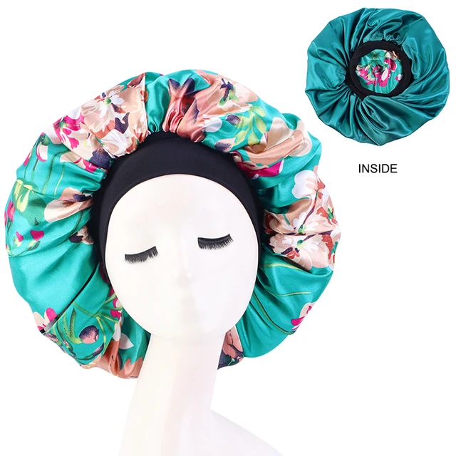 New Women Big Size Beauty print Satin Silky Bonnet Sleep Night Cap Head Cover Bonnet Hat for For Curly Springy Hair Black 408F Green