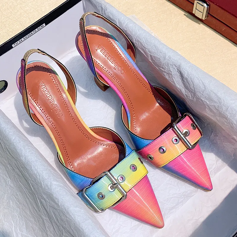 Women's Sandals 2020 Summer Pointed Toe Belt Buckle High Heels Sandals Shoes Woman Sexy Stitching Color Wine Glass Heel Sandals (1)