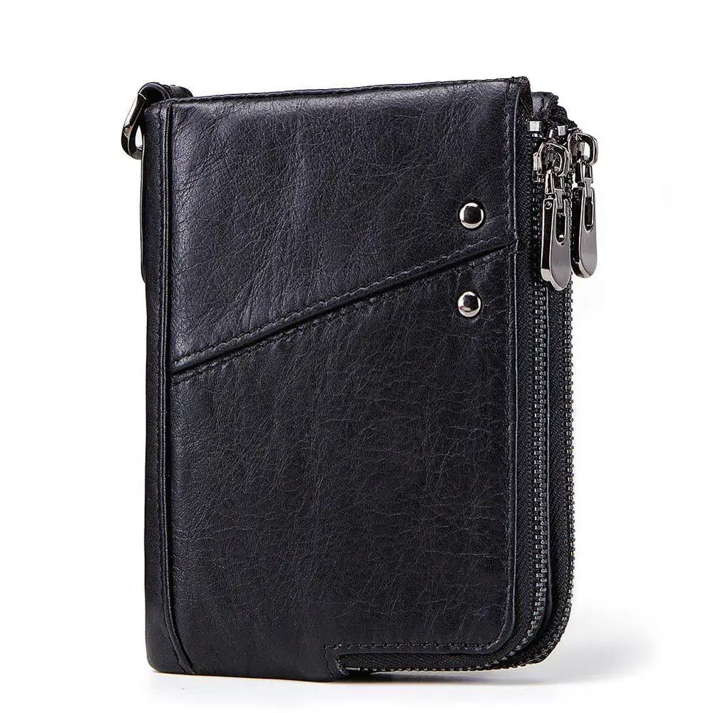 Luxury Cowhide Men Casual Wallet Brown Black Double Zippers Short Coin Purse Soft Genuine Leather RFID Wallet Dropshipping FH259 - Цвет: Черный