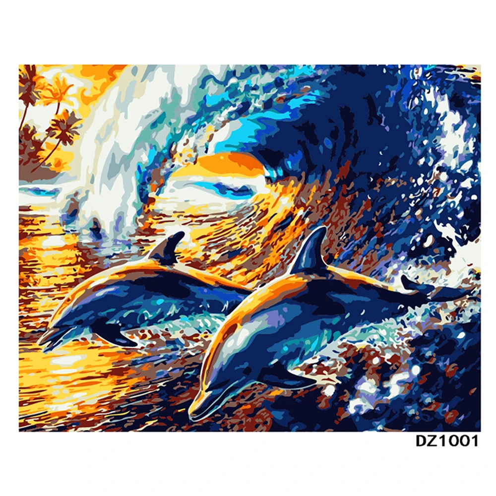 

Dolphin Painting by Numbers Kit 4050 size colorful canvas with DIY inner frame packed in Colorful box for kill bored time