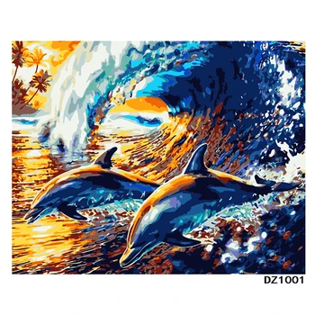

Dolphin Painting by Numbers Kit 4050 size colorful canvas with DIY inner frame packed in Colorful box for kill bored time