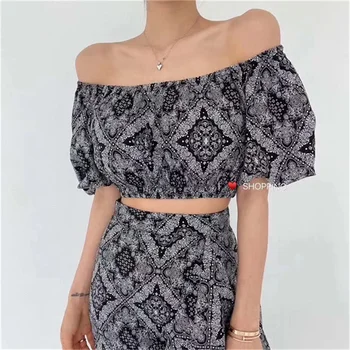 

Slash Neck Puff Sleeves Hot Summer Memarid for Ladies High Waist Adjustable Dot Floral Print Sweet Elegant Fashion Dress Set